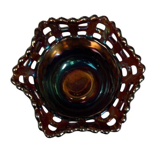 Vintage Fenton Amethyst Carnival Glass Bowl Basket Weave Candy Dish - Picture 10 of 12